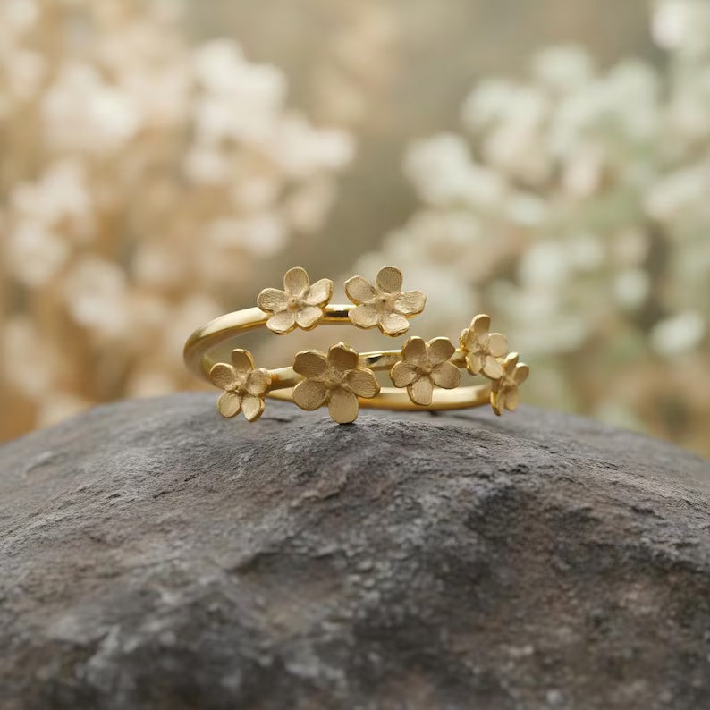 Gold Sakura Flower Stacking Open Ring - Rings -